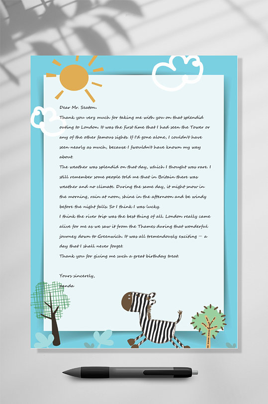 斑马感谢信信纸背景WORD表格-众图网