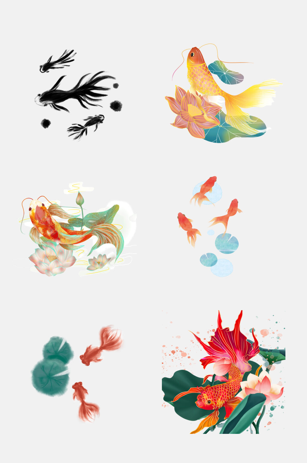 国潮水墨金鱼免抠设计元素