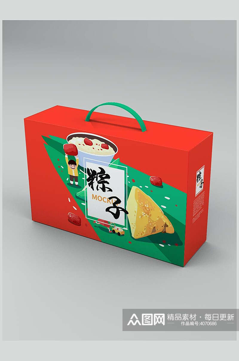 粽子红绿手绘创意大气手提盒子样机素材