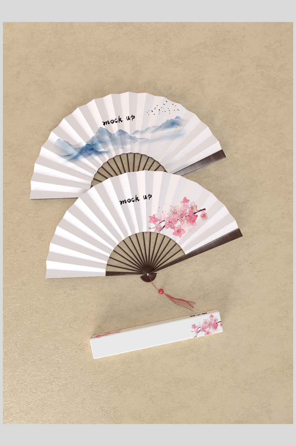 花朵吊坠唯美创意大气中式纸扇样机素材