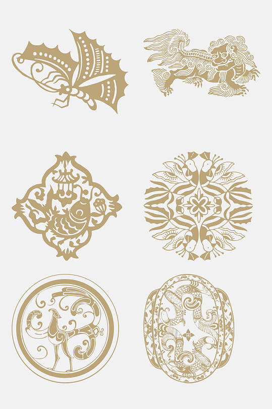 中式古典花草动物纹样免抠元素