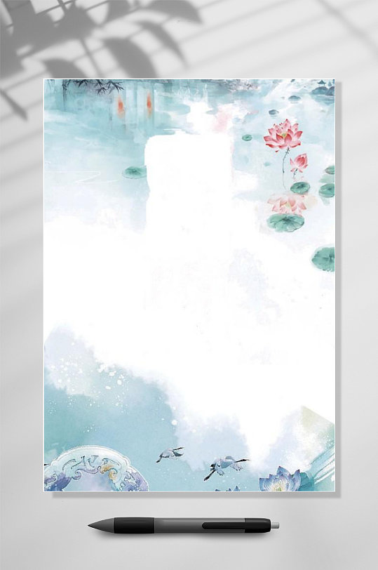 彩墨荷花感谢信信纸背景WORD表格-众图网