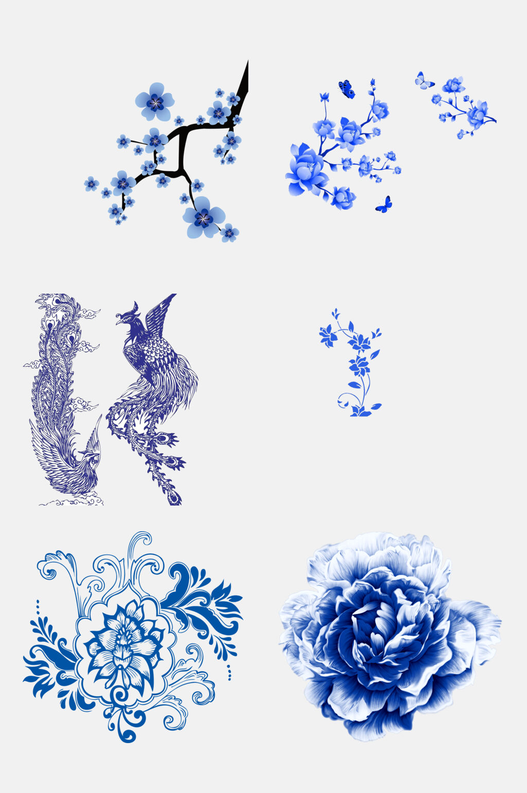 花卉花朵凤凰青花瓷免抠元素素材