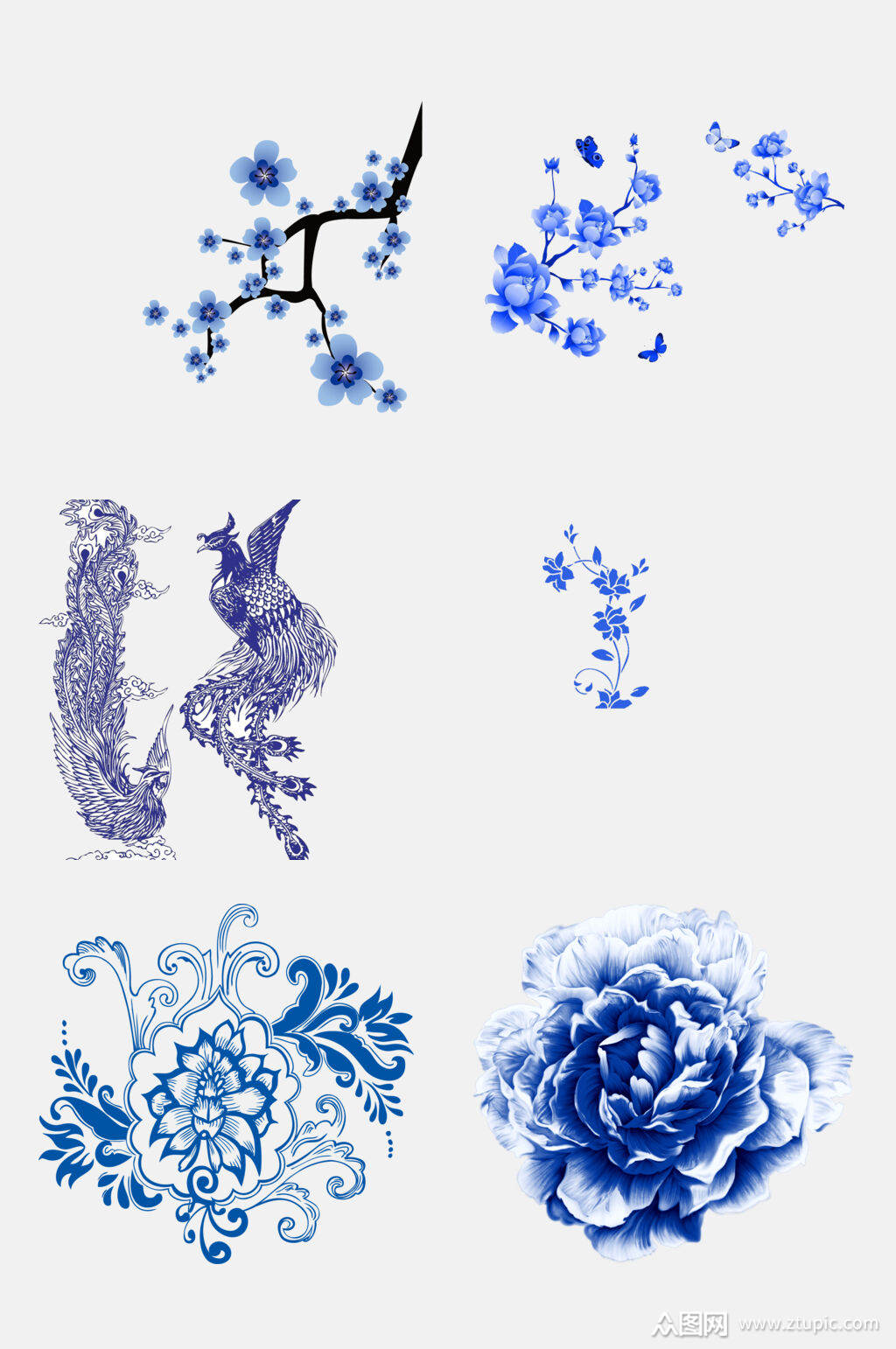 花卉花朵凤凰青花瓷免抠元素