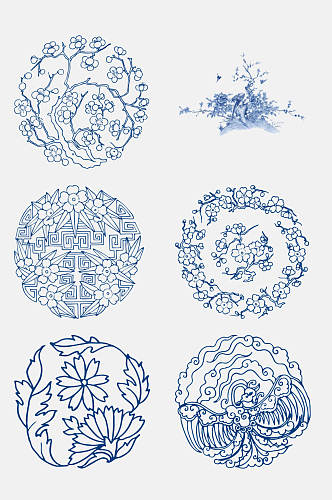 手绘中国风创意青花瓷免抠元素