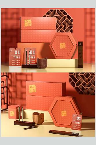 六边形数字中国风品牌VI套装包装样机
