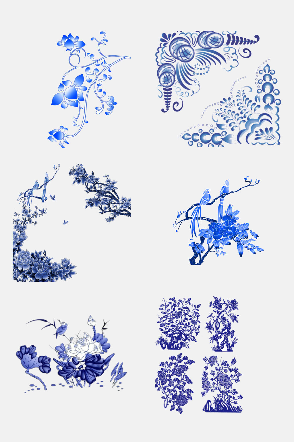 蓝色唯美花卉青花瓷免抠元素素材