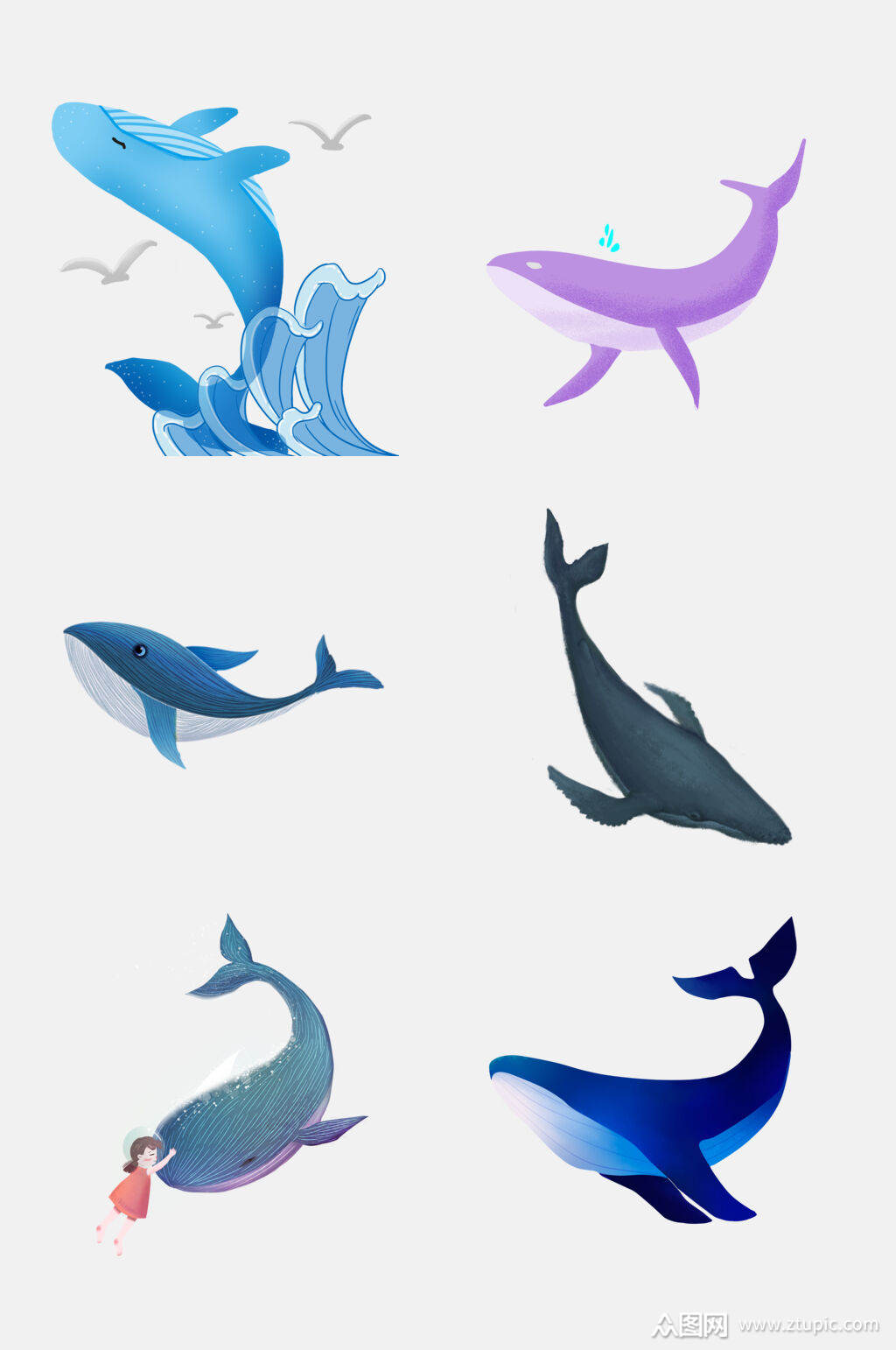 清新简洁蓝色鲸鱼动物海免抠素材