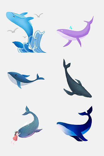 清新简洁蓝色鲸鱼动物海免抠素材