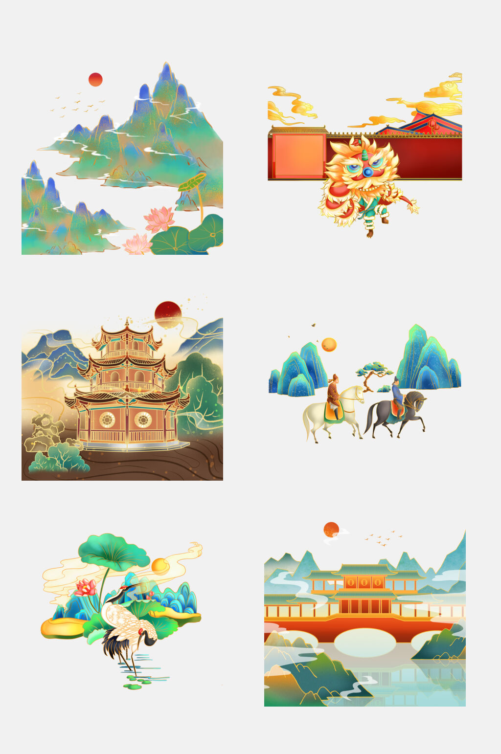 国潮山水仙鹤插画元素免抠素材素材