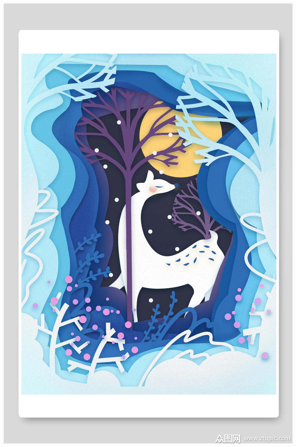 麋鹿月光高端大气蓝剪纸风森林背景