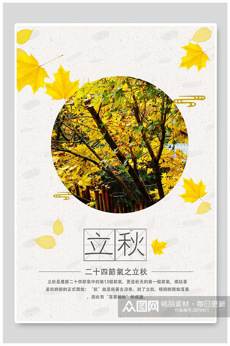 金黄色落叶树叶立秋传统节气宣传海报素材
