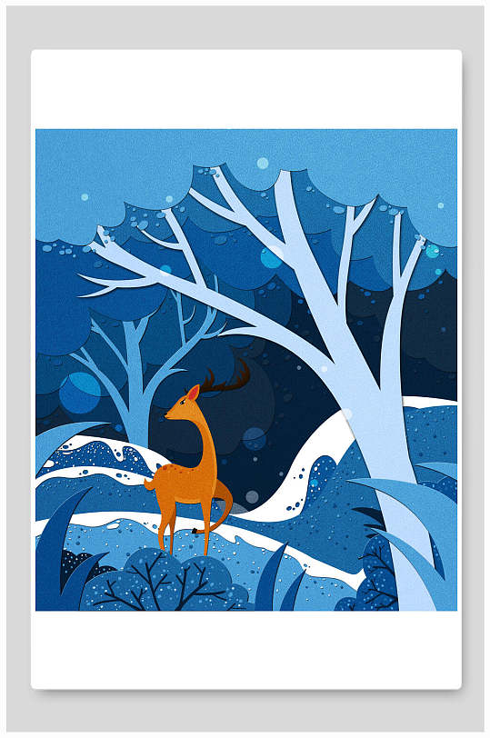 清新蓝色麋鹿高端剪纸风森林背景