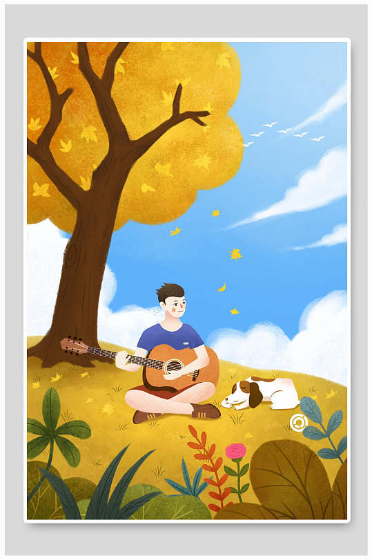 树木黄蓝时尚高端大气立秋插画海报