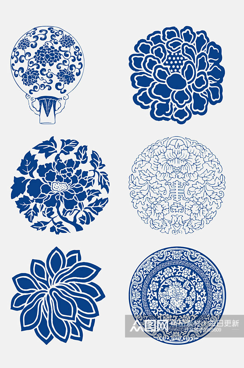 中式蓝色花卉青花瓷免抠元素素材