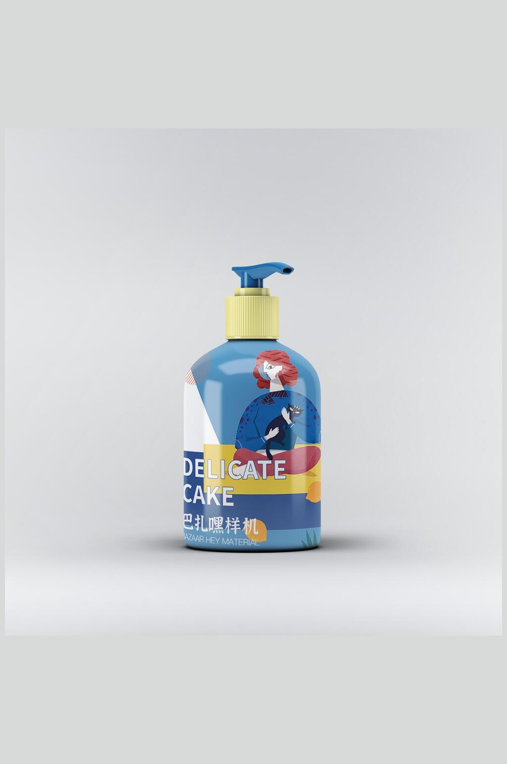 蓝色洗手液瓶子贴图样机素材