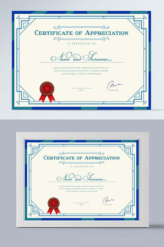 蓝边英文版矢量证书奖状模板-众图网