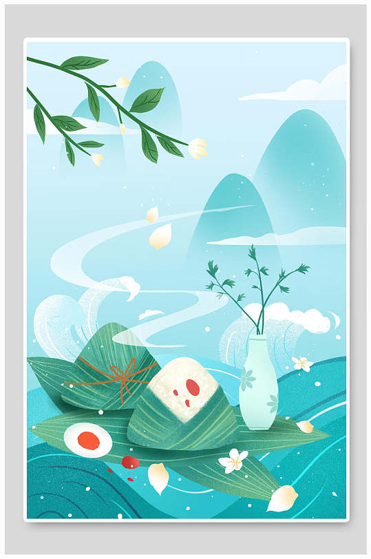 唯美粽子高端大气蓝端午节手绘插画