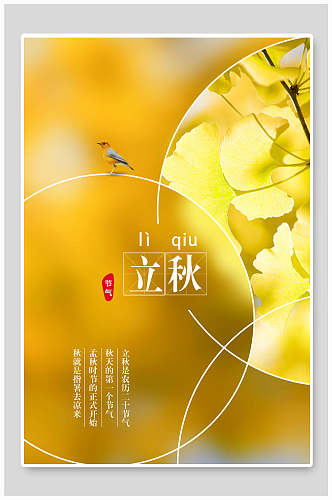 金黄色花鸟立秋中国传统节气海报
