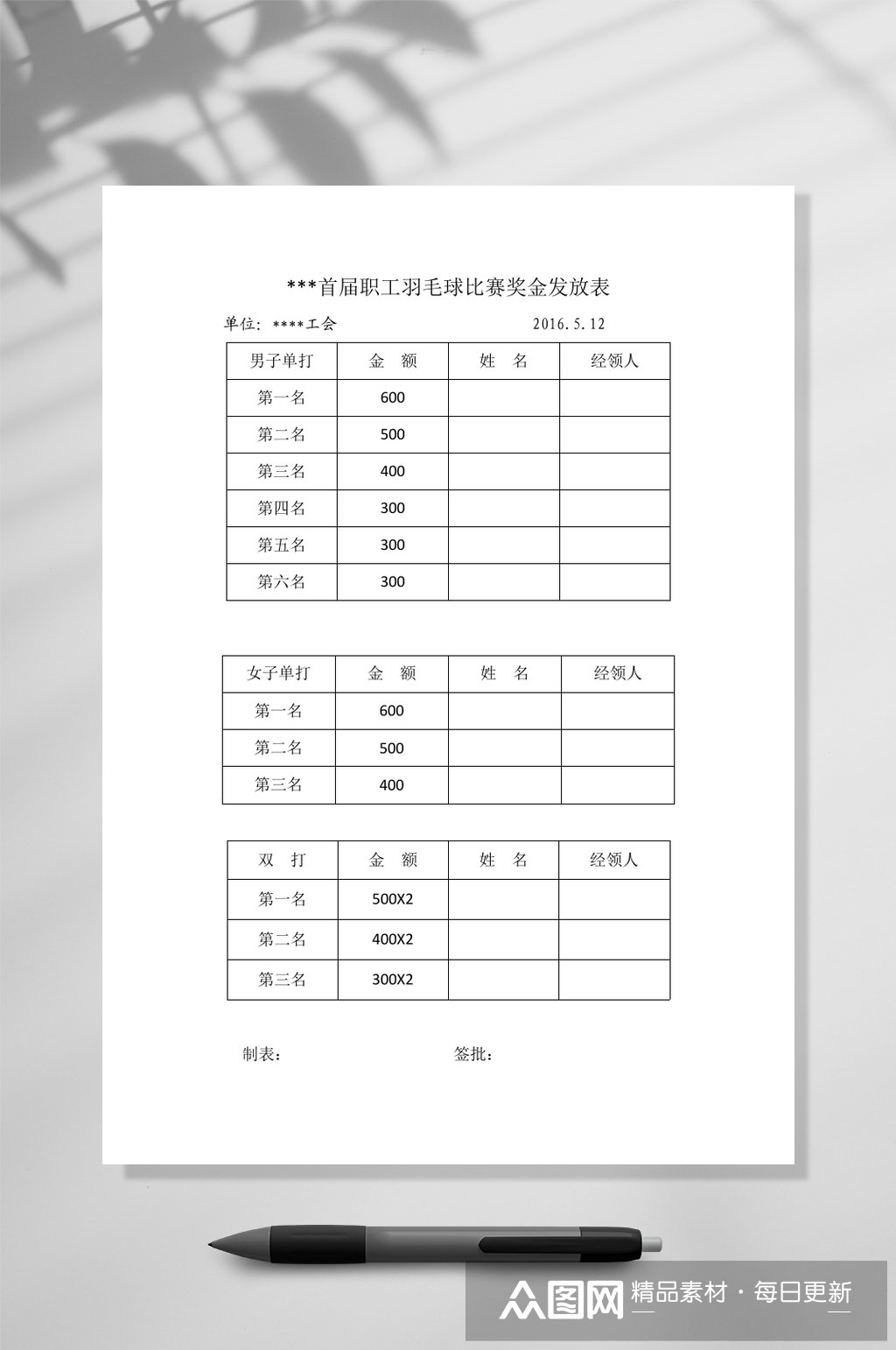 首届职工羽毛球比赛奖金发放表word素材