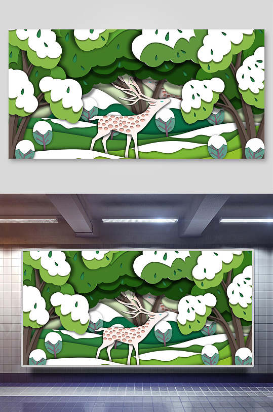 清新剪纸风森林背景素材