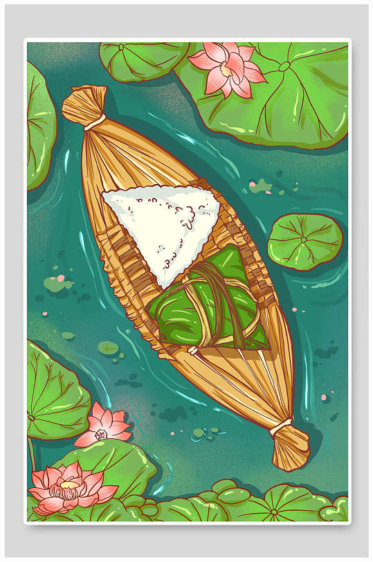 荷花清新绿色粽子端午节手绘插画