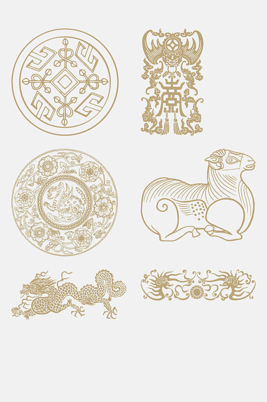 精致中式古典花草动物纹样免抠元素