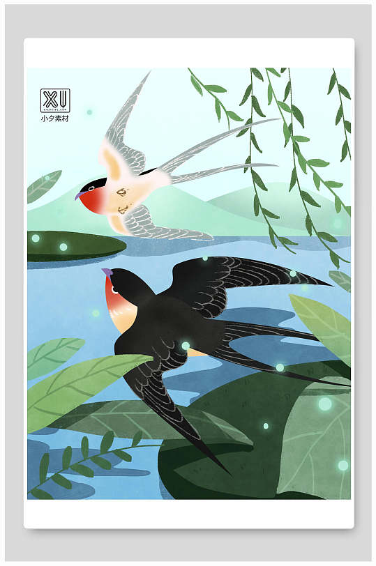 唯美蓝绿手绘风二十四节气春分插画