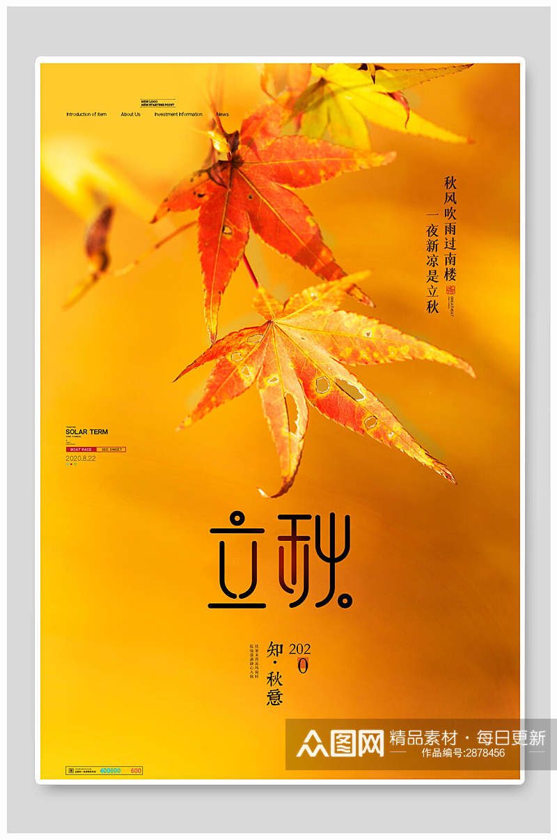 金黄色创意枫叶立秋传统节气海报素材