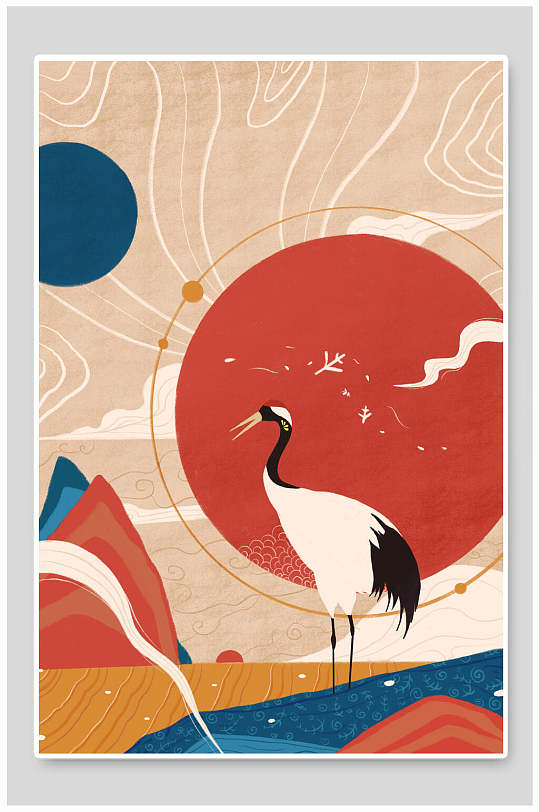 时尚仙鹤唯美简约风中国风神话插画