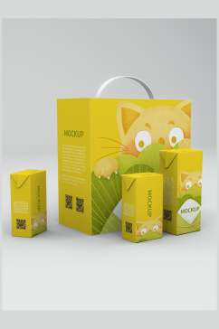 时尚猫咪手绘黄色叶子手提盒子样机