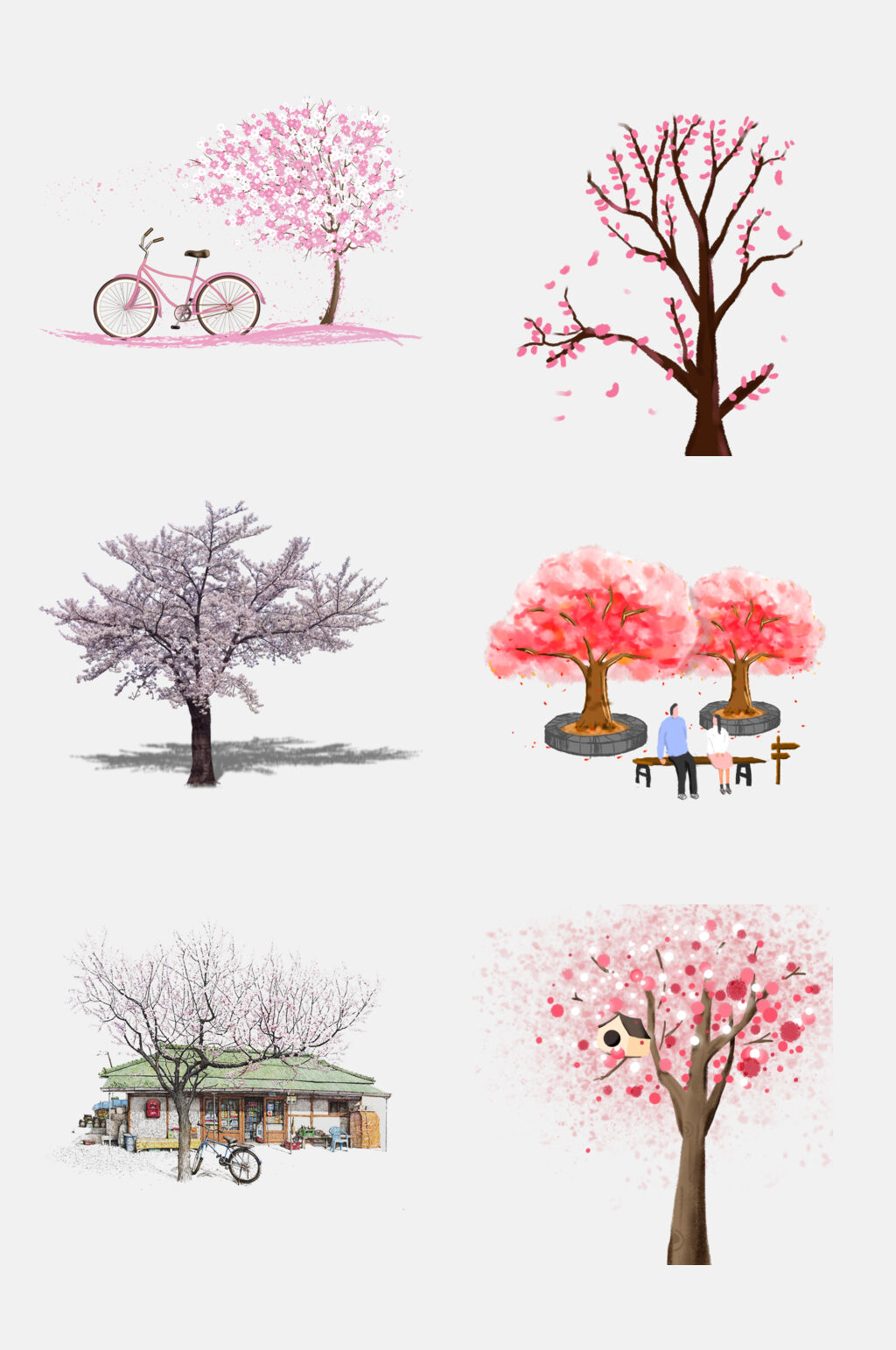 水彩唯美花卉樱花桃花树免抠素材素材