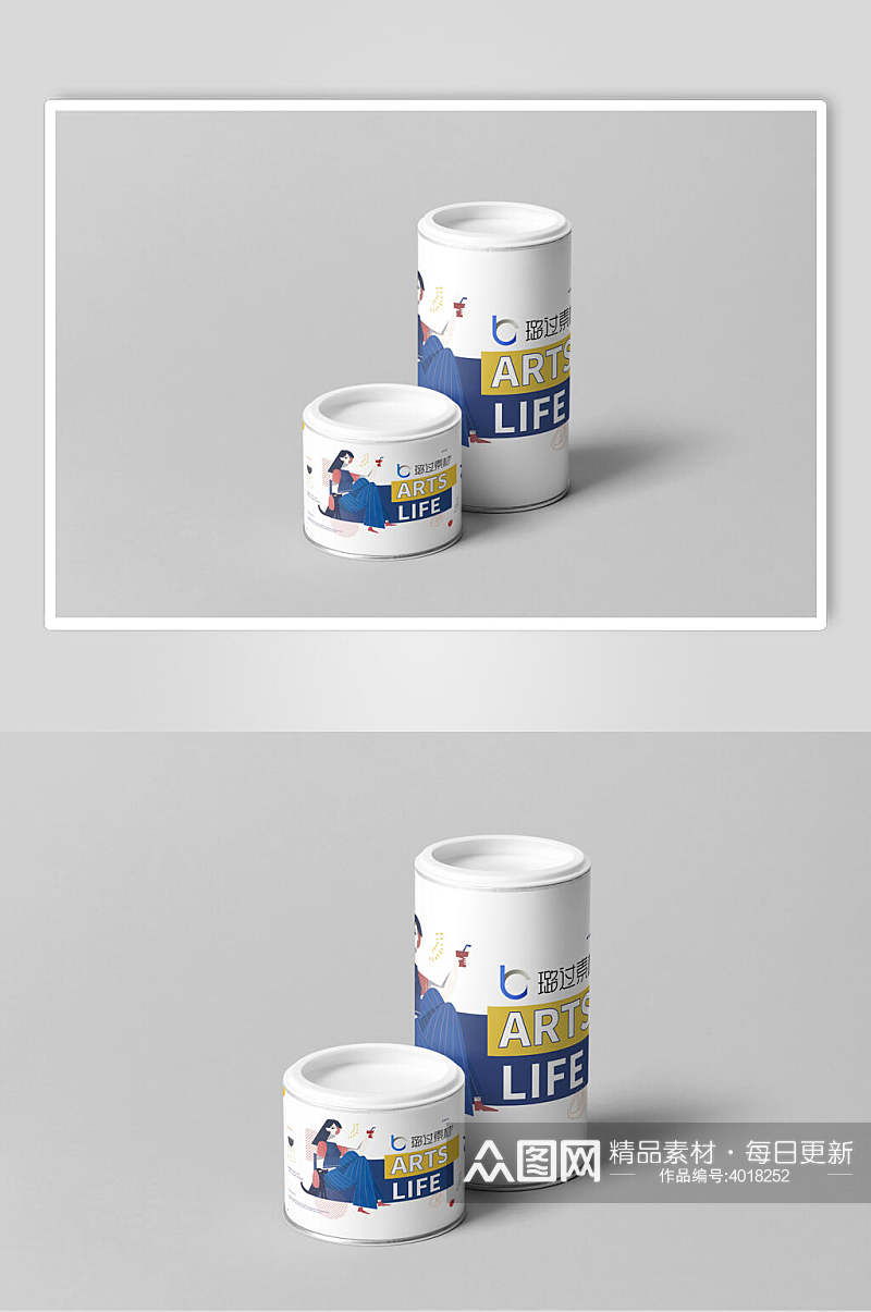 蓝白茶叶食品纸罐铁罐包装盒样机素材