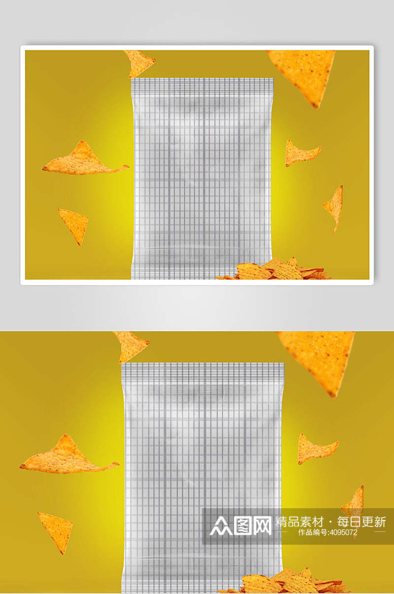 方格薯片飘落黄食品零食包装袋样机素材