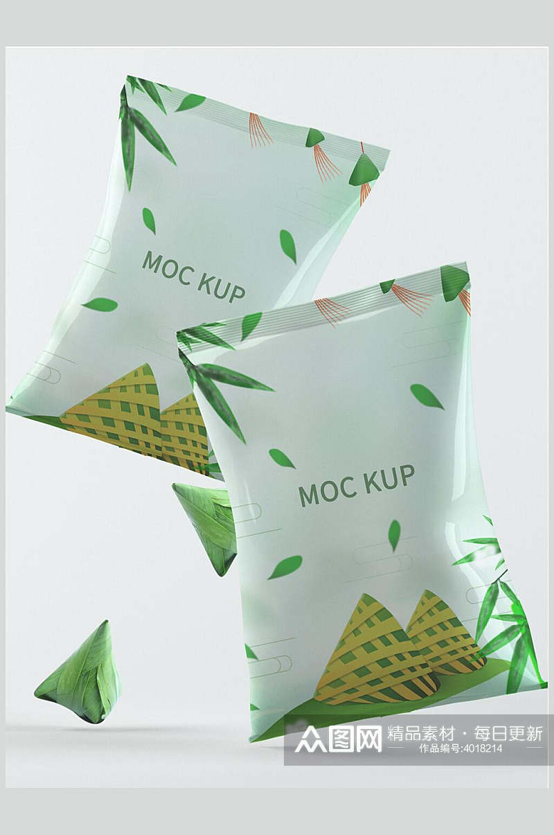 清新绿色粽子零食塑料包装袋样机素材