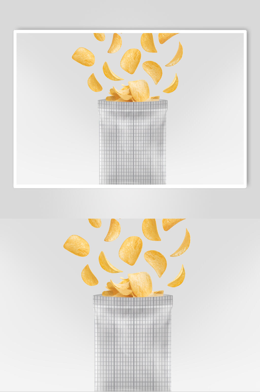 薯片方格灰黄色食品零食包装袋样机素材