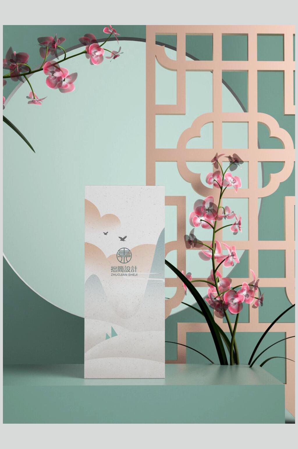 花朵唯美中国风品牌VI套装包装样机素材