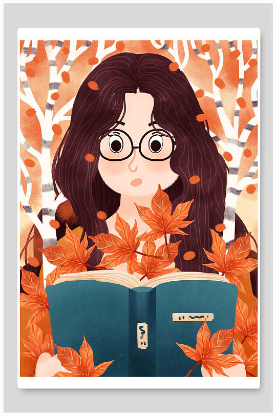 书本高端大气手绘落叶清新立秋插画