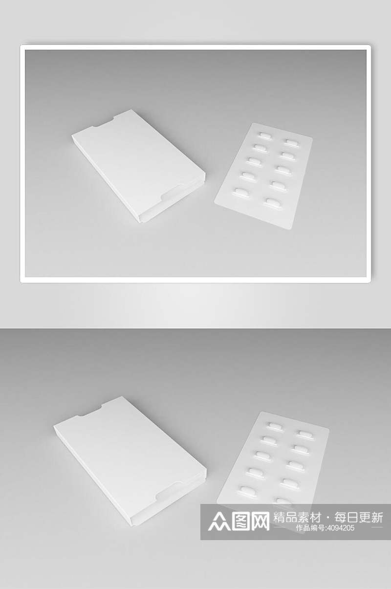 清新药片灰白立体留白扁盒方盒样机素材