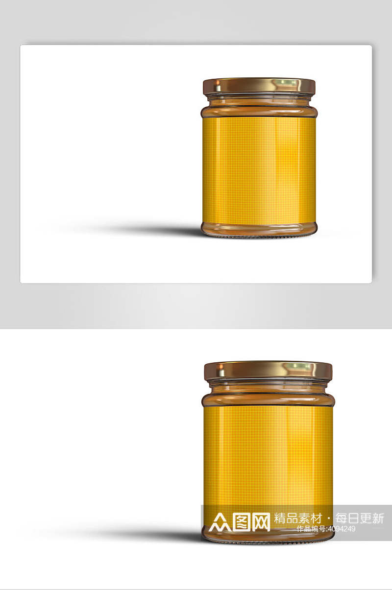 时尚黄白阴影玻璃蜂蜜罐头瓶样机素材