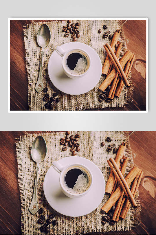 俯瞰咖啡杯汤匙咖啡奶茶美食图片摄影