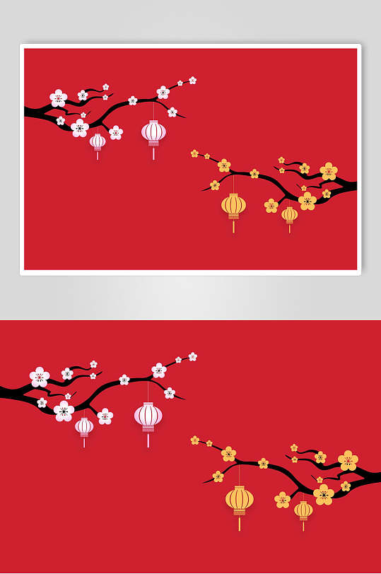 大红色梅花灯笼中式图纹元素素材