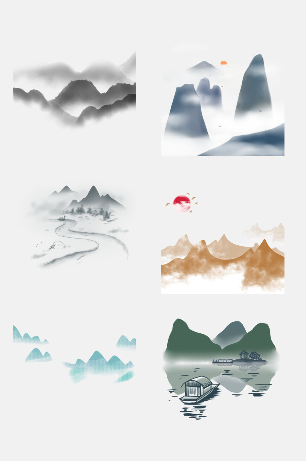高端水彩山水免抠素材素材