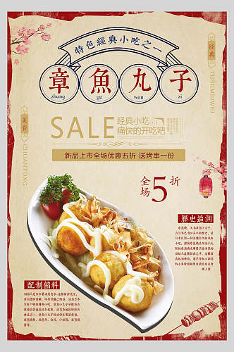 复古风章鱼小丸子日式料理美食海报