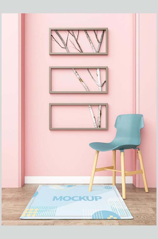 粉色背景墙几何蓝色清新地毯样机