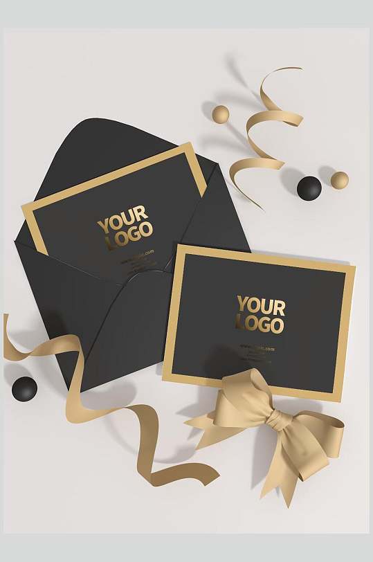 信封丝带立体留白黑金邀请函样机