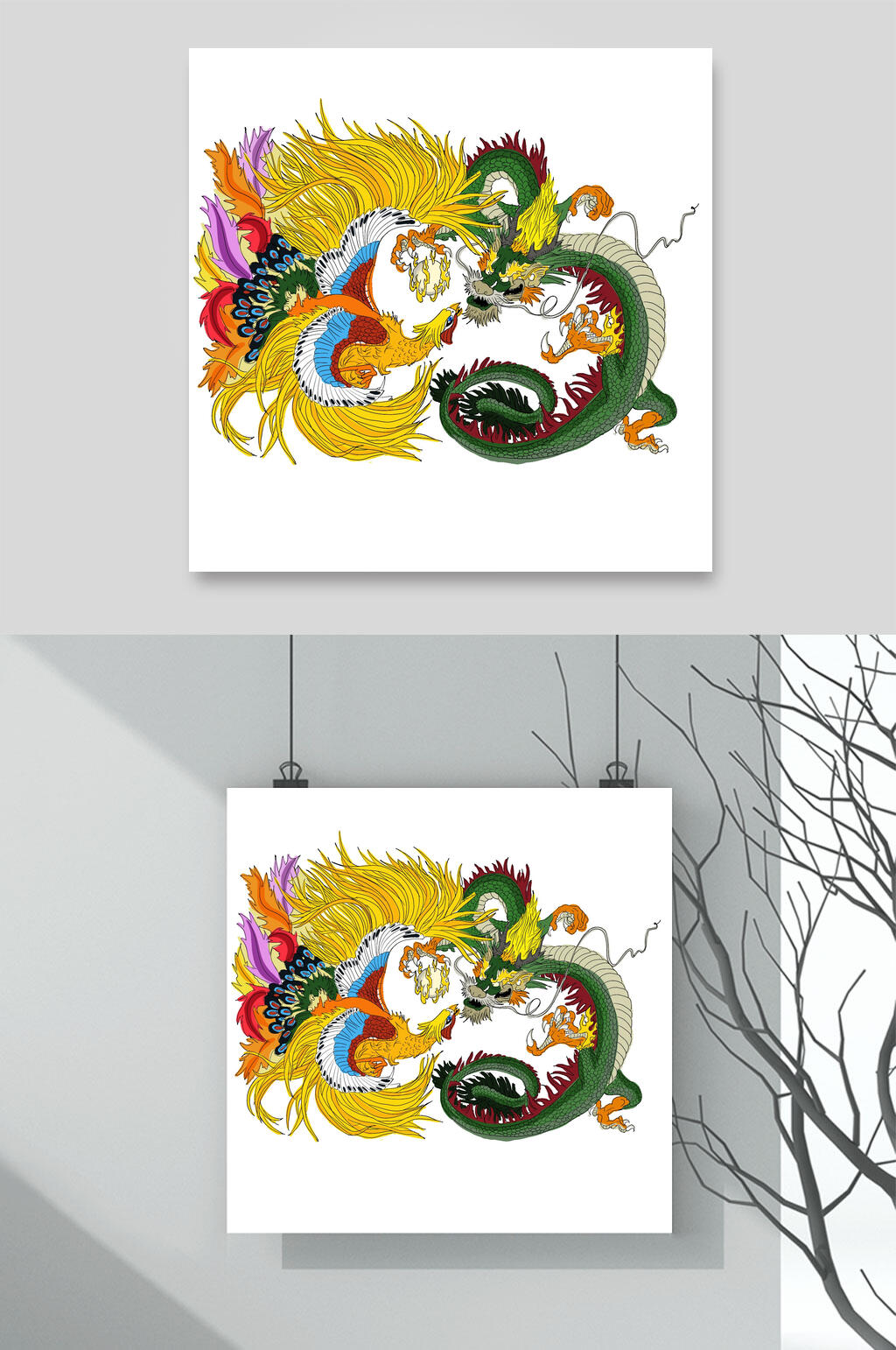 创意中国凤凰龙国潮插画素材素材