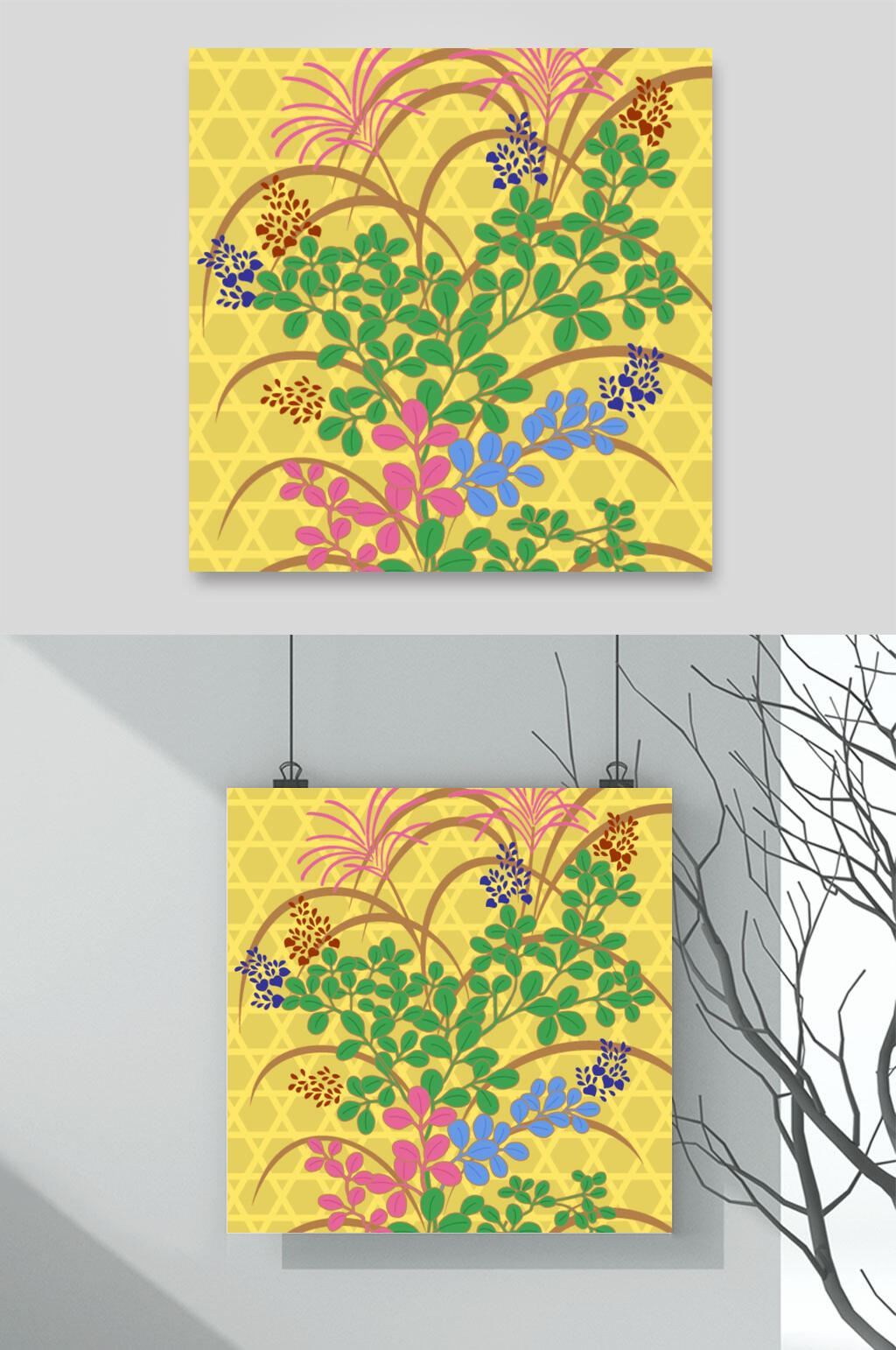 黄色彩绘植物矢量背景素材素材