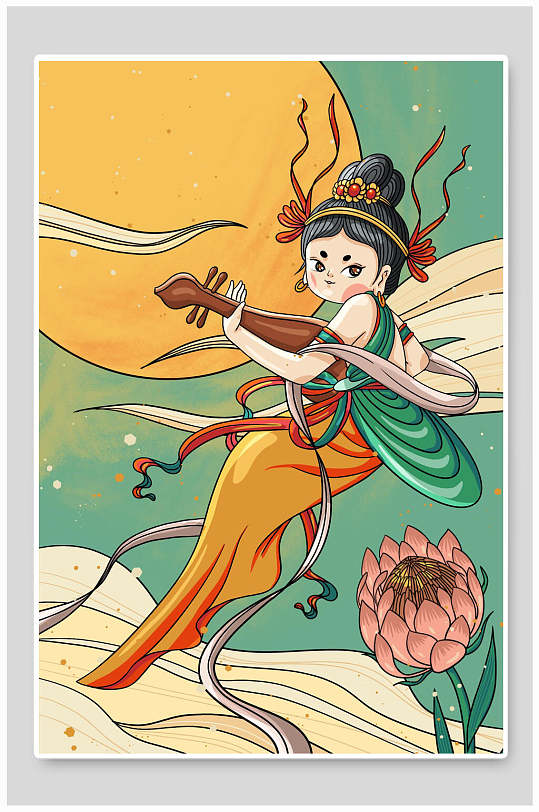 清新荷花高端大气绿黄敦煌壁画插画