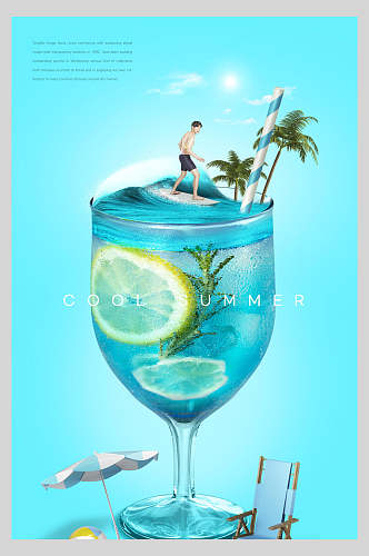创意蓝色柠檬水饮料海报